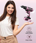 Pink Cordless Drill Set For Women 20V Lightweight Electric Power Drill With Three Eighths Inch Keyless Chuck Includes Power Pack And Charger Womens Tool Kit For Home Diy Projects And Quick Easy Household Fixes held by a woman.