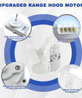 Upgraded range hood motor with fan blades and wiring harness for improved air circulation and cooling efficiency
