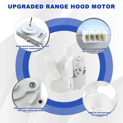 Upgraded range hood motor with fan blades and wiring harness for improved air circulation and cooling efficiency