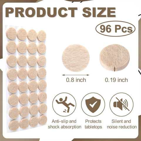 Beige 0.8-inch self-adhesive wool felt chair-leg pads, 96 pcs (3 sheets) for hardwood floor protection