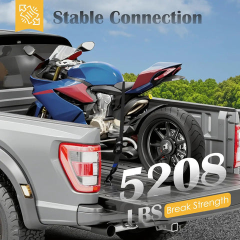 Heavy Duty Ratchet Straps 1.5 Inch By 15 Feet Locking S Hooks 5208 Lbs Break Strength securing motorcycle in truck bed.