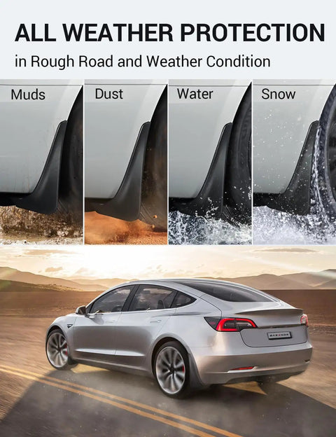 Tesla Model 3 Mud Flaps Splash Guards Set Of Four No Drilling No Tape All Weather Fender Protectors Pro Design For 2017 To 2023 With Precise Fit And Bigger Coverage Easy Install Durable Exterior Car Accessories on car in various weather
