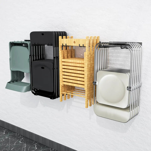 Folding Chair Wall Mount Storage Rack Four Pack Heavy Duty Garden Tool Hangers holding chairs on a wall