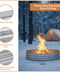 Beefy 60 Inch Galvanized Steel Fire Pit Ring Raised 12 Inch Heavy Duty Wood Burning Campfire Ring For Outdoor Fireplace Backyard Patio And Camping Heat Resistant with fire and tent in winter forest.