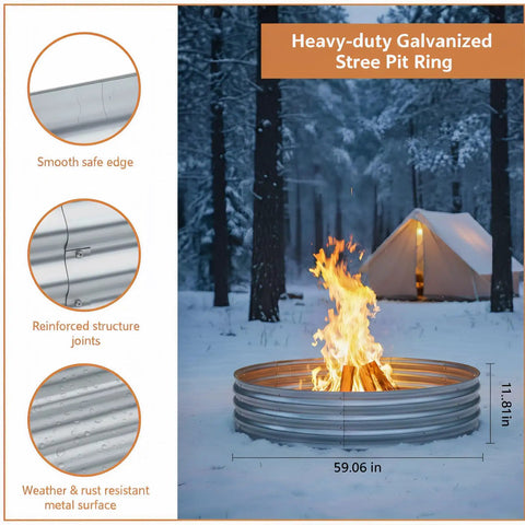 Beefy 60 Inch Galvanized Steel Fire Pit Ring Raised 12 Inch Heavy Duty Wood Burning Campfire Ring For Outdoor Fireplace Backyard Patio And Camping Heat Resistant with fire and tent in winter forest.