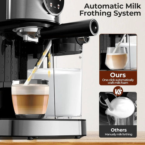 No Fuss Compact Espresso Machine With Real 20 Bar Pressure And Quick Thermo Block Heating featuring automatic milk frothing system.