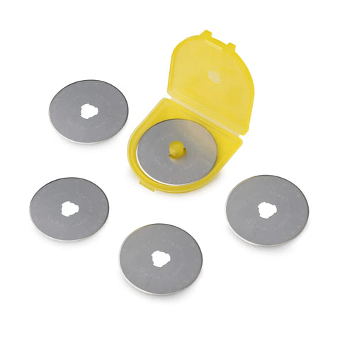 Razor Sharp 45mm Rotary Cutter Replacement Blades Set of 5 Tungsten Steel Circular Blades displayed with yellow case