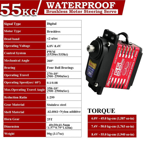 Rock Solid 55kg Brushless Digital Servo Packing Hella Torque And Waterproof Metal Gears Designed For Rc Cars Drones Robots And Flight Control Systems Featuring Smooth 270 Degree Rotation specifications and side view