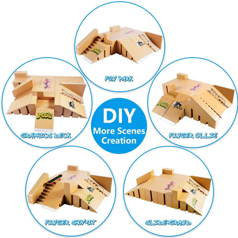 DIY skate park scenes with the All In One Finger Skate Park Kit With 3 Mini Finger Skateboards And 8 Ramp Decks includes fun features