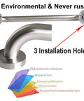 Brushed Nickel Shower Grab Bar 16 Inch with 1.25 Inch Diameter Stainless Steel Safety Assist Hand Rail showing installation holes and layers
