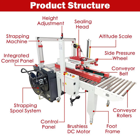Automatic Carton Sealer And Strapping Machine For Shipping Boxes Dual Function Carton Tape Sealer detailed view highlighting components.