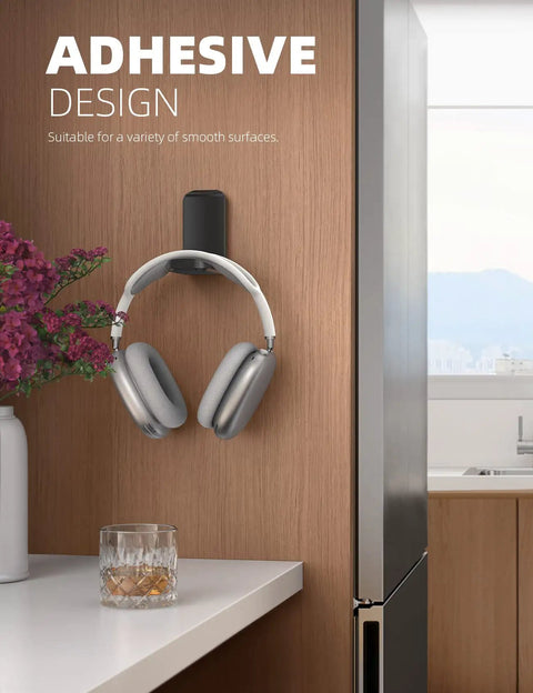 Sticky Headphone Holder Under Desk Clip Adhesive Headset Hanger Mount For AirPods Max HyperX Sennheiser Earphone Clamp No Drilling 500g Capacity Easy Install And Great Mothers Day Gift mounted on wall with headphones