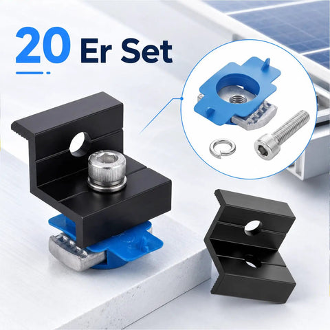 Heavy Duty Solar Panel End Clamp Kit With Anodized Aluminum Brackets And Stainless Screws For Rock Solid Roof Mounts, 20 piece clamp setup with blue nuts.