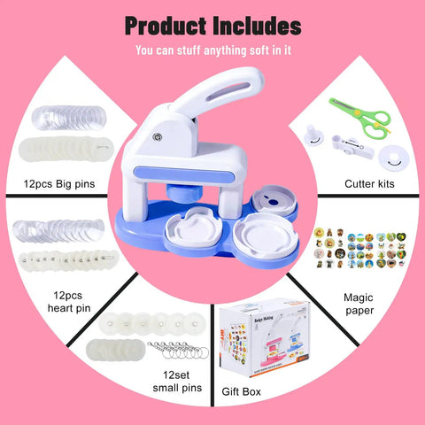 Two Size Button Maker Kit For DIY Badges And Pins 55mm And 35mm With 80 Pcs Supplies Includes machine and accessories on pink background