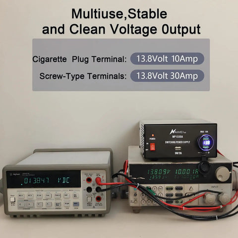 Beefy 13.8V 30A DC Power Supply With Cigarette Plug Socket For Ham CB Radios next to volt meters showing voltage output