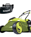 Cordless Electric Push Lawn Mower With 14 Inch Cutting Width, 28V 4Ah Battery, 10.6 Gallon Grass Bag, green mower front view