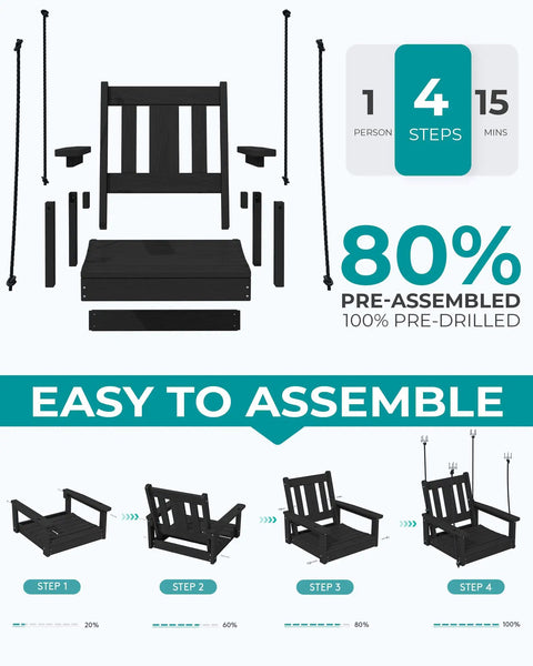 Assembly process of HDPE Single Porch Swing For Outdoors Heavy Duty One Person Adirondack Chair With Durable Polypropylene Ropes Black Cozy Front Porch Patio Garden Yard Outdoor Seating.