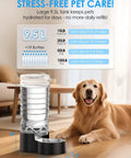 2.5 Gallon Automatic Dog Water Dispenser With Wide Mouth For Easy Cleaning And Removable Stainless Steel Bowl shown with dog