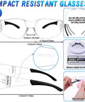150 Piece Clear Safety Glasses Bulk ANSI Z87 1 Certified Eye Protection Built Tough For Men And Women High Impact Workwear showing dimensions and features.