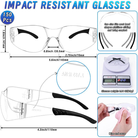 150 Piece Clear Safety Glasses Bulk ANSI Z87 1 Certified Eye Protection Built Tough For Men And Women High Impact Workwear showing dimensions and features.