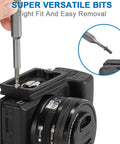 Using a 24-In-1 Magnetic Precision Screwdriver Set With Phillips And Flathead Bits For Electronics, PC And Eyeglass Repair on a camera.