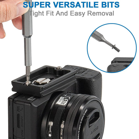 Using a 24-In-1 Magnetic Precision Screwdriver Set With Phillips And Flathead Bits For Electronics, PC And Eyeglass Repair on a camera.