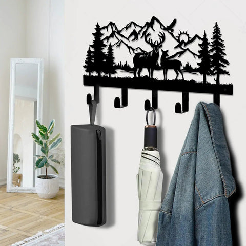 Deer Mountain Metal Key Holder Wall Mount For Rustic Cabin Decor, featuring woodland wildlife design with hooks, mounted on wall.