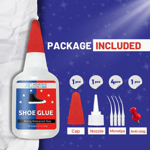 Hardcore Shoe Glue For Sneakers, Boots, Sandals And More - Heavy Duty Repairs That Bond Rubber, Leather And Canvas, Quick Set Time, Waterproof, Long Lasting, With CA Accelerator Compatibility bottle with cap, nozzle, microtips, anti-clog pin included
