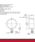 Technical diagram of industrial liquid filled pressure gauge with dimensions and specifications for pumps and compressors