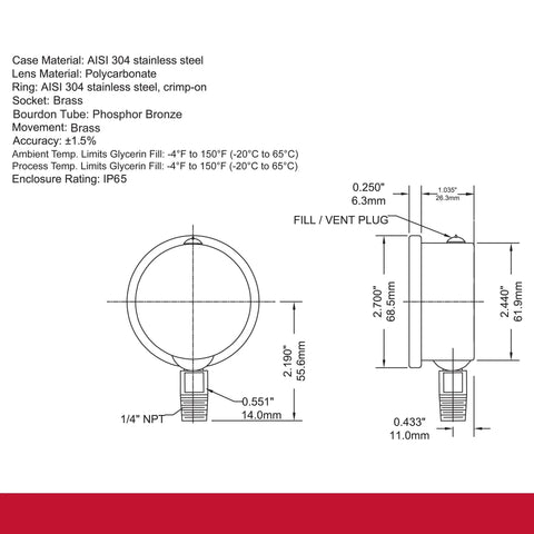 Technical diagram of industrial liquid filled pressure gauge with dimensions and specifications for pumps and compressors