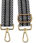 Upgrade Your Daily Carry With This Wide Adjustable Jacquard Crossbody Strap For Women Featuring Gold Hardware And A Bold Diagonal Weave Design That Truly Makes Your Favorite Handbags Look Fresh And Ready To Flex Anywhere You Go Today. Adjustable strap with gold clips and black and white diagonal weave.