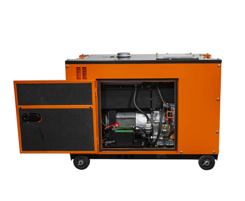 Black Heavy Duty 6300 Watt Diesel Generator Beast With Electric Start And Oil Shutoff showing open door and internal components.
