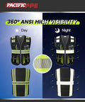 Top Notch Class 1 Black Safety Vest With Ten Roomy Cargo Pockets And 3M Reflective Straps, shown in daytime and nighttime visibility.