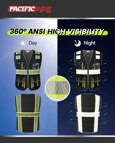 Top Notch Class 1 Black Safety Vest With Ten Roomy Cargo Pockets And 3M Reflective Straps, shown in daytime and nighttime visibility.