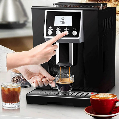 Person using Fully Automatic Coffee Machine With Built In Burr Grinder And Grind And Brew System One Tap Espresso Maker 1200W Power Auto Clean Function For Healthier Brews Black in kitchen setting.