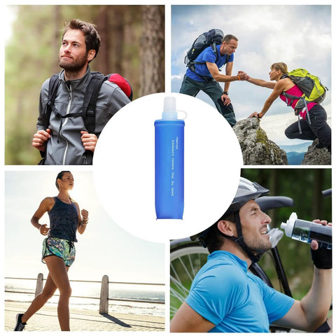 Collage of people using Ultra Lightweight Foldable Water Bottle For Hiking And Outdoor Adventures, Reusable Pouch With Food Grade TPU