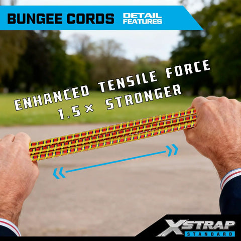 Hands stretching red and yellow bungee cord from 14 Piece Heavy Duty Bungee Cord Kit With 18 Inch 24 Inch 30 Inch And 40 Inch Cords