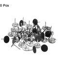 Top Shelf Black Iron Upholstery Tacks For Furniture Upgrades And DIY Woodworking Builds Flat Head Decorative Nail Tacks That Are Dang Tough 50 Piece No Fuss Hardware Kit pile of 50 black iron flat head tacks.