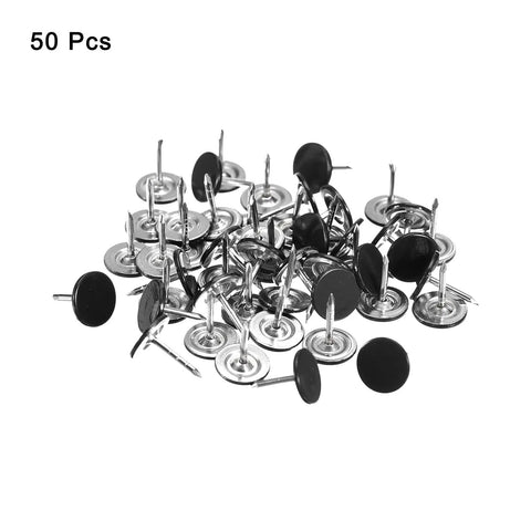 Top Shelf Black Iron Upholstery Tacks For Furniture Upgrades And DIY Woodworking Builds Flat Head Decorative Nail Tacks That Are Dang Tough 50 Piece No Fuss Hardware Kit pile of 50 black iron flat head tacks.