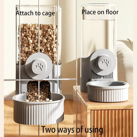 Cage Hanging Pet Bowl Gravity Water Dispenser For Dogs Cats Rabbits Kick Resistant Double Feeder Crate Kennel Food Bowls Blue hung on cage and placed on floor.