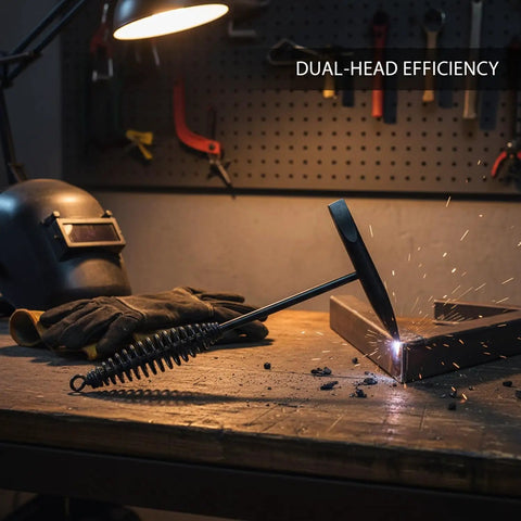 Dual Head Welding Slag Hammer with pointed tip and flat edge breaking slag on metal