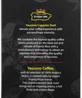 Back view of coffee capsule box with Yaucono Capsule description, 100% Puerto Rican beans, and quality assurance text.