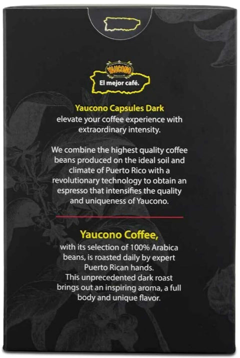 Back view of coffee capsule box with Yaucono Capsule description, 100% Puerto Rican beans, and quality assurance text.