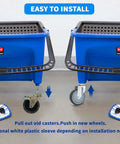 Heavy Duty Rubber Caster Wheels Set Of Four 3 Inch Diameter With 7/16 Inch Stem on blue cart easy to install.