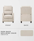 Front and back view of Push Back Manual Recliner Chair In Beige Fabric With Track Arms And Bun Feet For Deep Cushioned Comfort