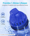 Close-up of blue filter from Six Pack Water Filter Replacements For All Pitcher And Dispenser Filtration Systems Including CRF950Z PPF951K PPF900Z With NSF Certification For Lead Free Safe Drinking Water Aqua Crest, showcasing 1.5x lifespan in water splash.