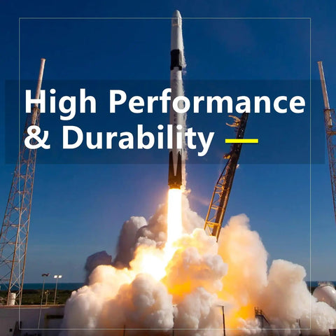 Rocket launching with "High Performance & Durability" text overlay.