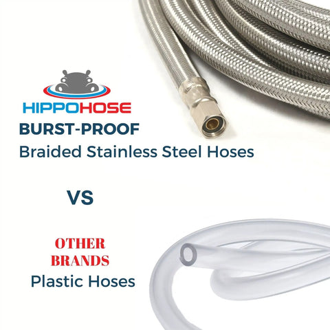 Universal Icemaker Hose 20 Ft For All Refrigerator Brands, Stainless Steel Water Supply Line next to plastic hose comparison image