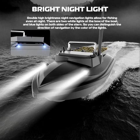 Carp Fishing RC Bait Boat With 2Kg Load Spare Batteries Black Carry Bag Big Capacity Bait Tank And Slick Hook Release Silo on water with night LEDs