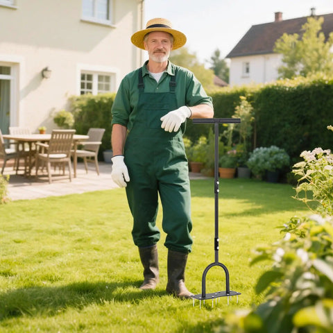 Person using a manual lawn aerator spike tool with nine two point two inch iron spikes for deep soil aeration in a garden lawn.